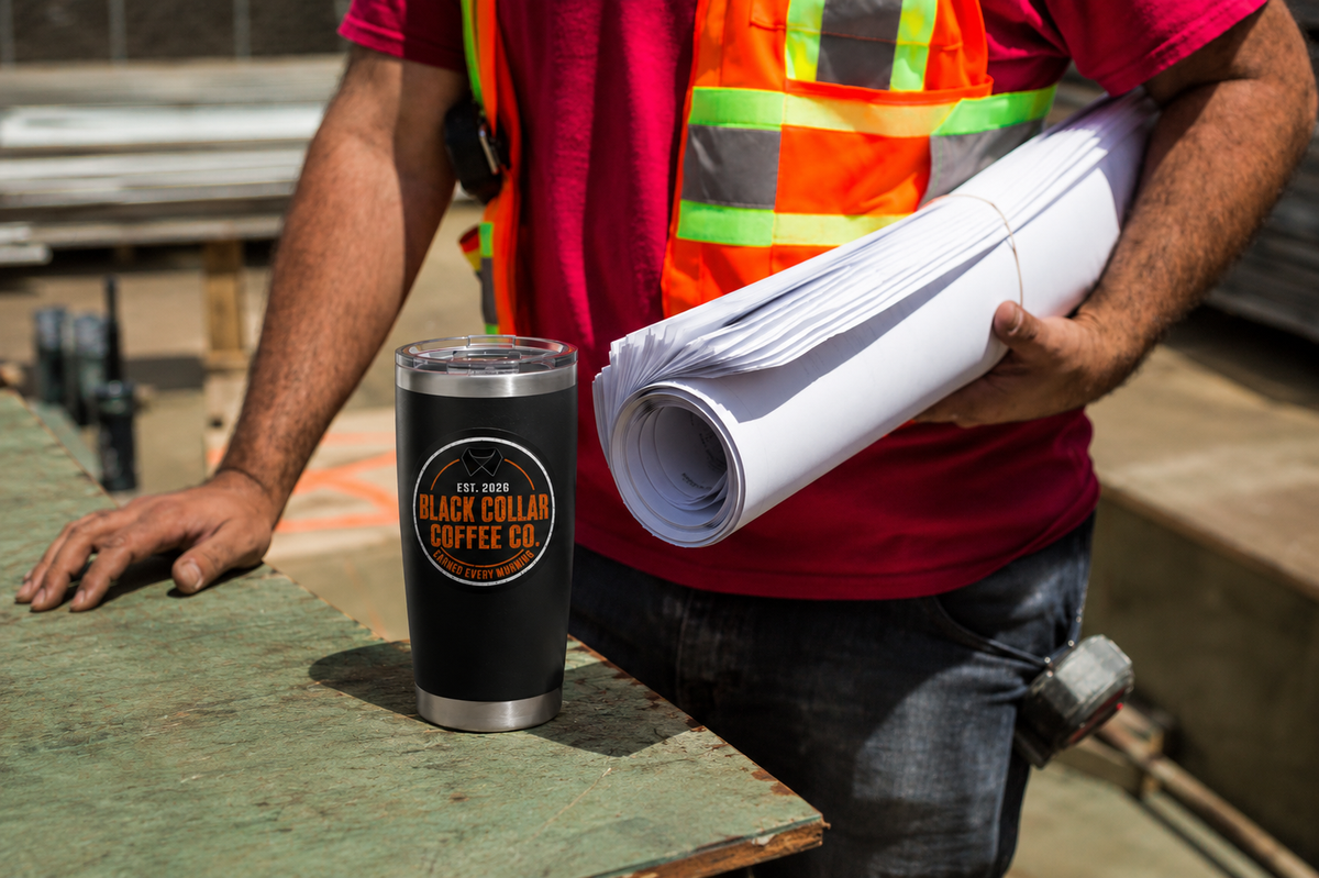 Black Collar Coffee Tumbler w/Orange Logo | Stainless Steel 20oz Travel Mug