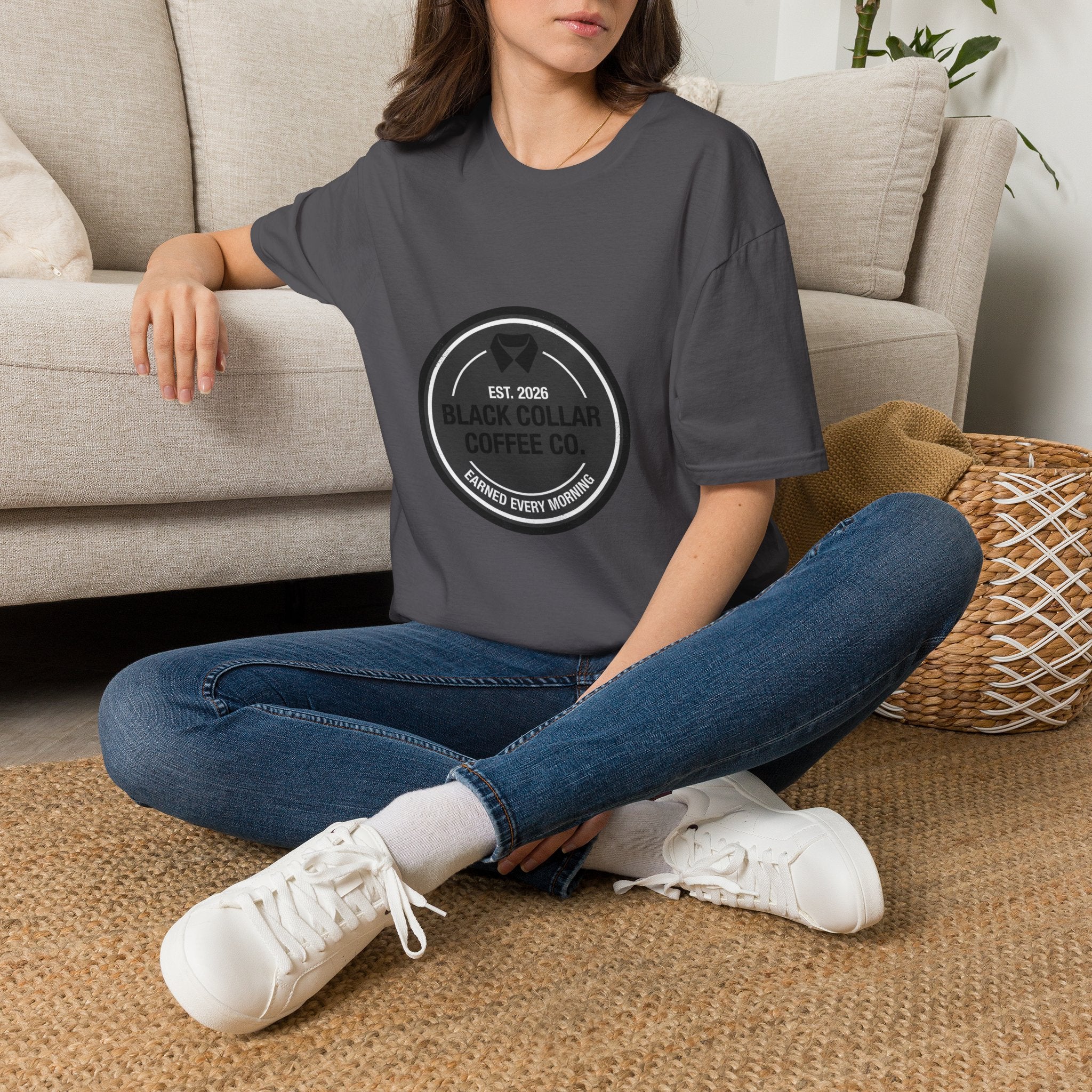 Black Collar Coffee T-Shirt | Distressed Dark Logo