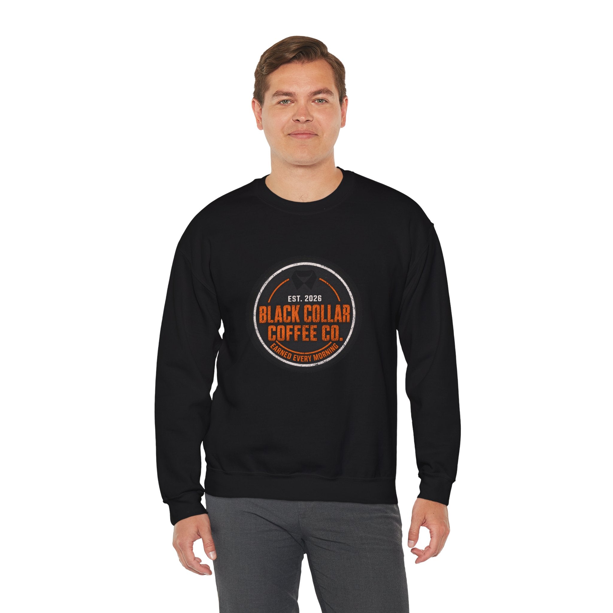 Black Collar Coffee Crewneck Sweatshirt | Construction Zone Orange Logo