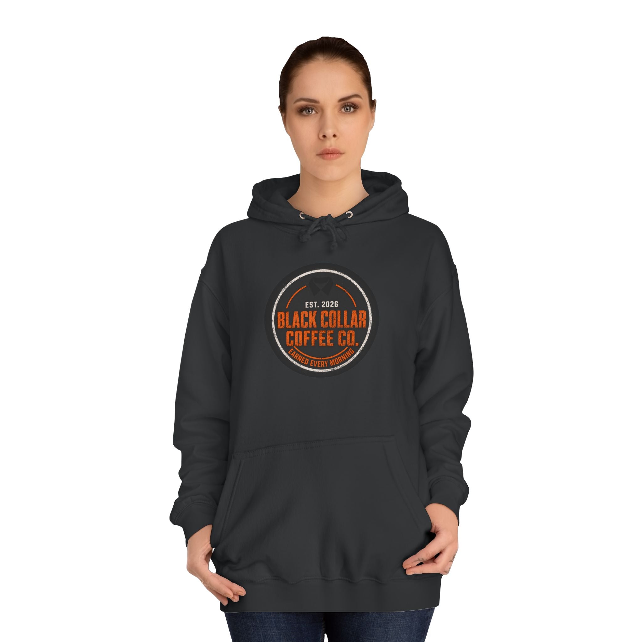 Black Collar Coffee Badge Hoodie | Construction Zone Orange