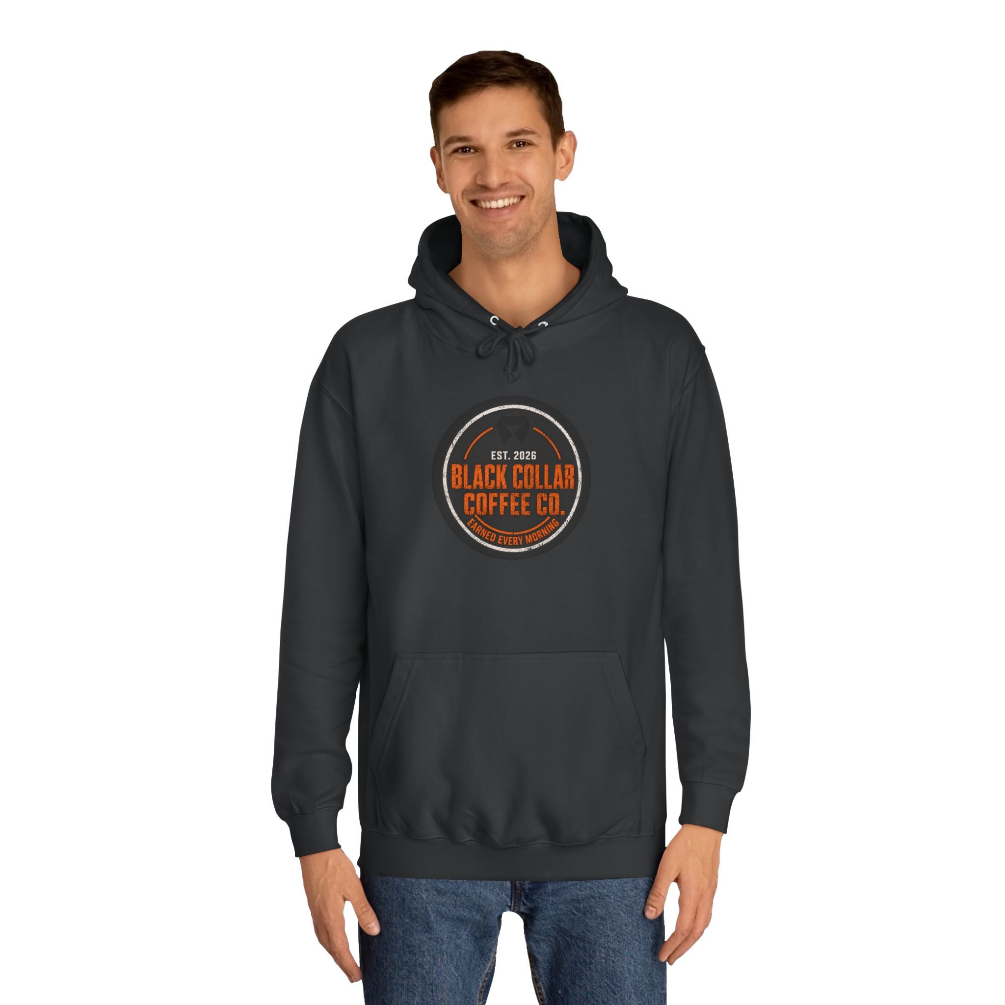 Black Collar Coffee Badge Hoodie | Construction Zone Orange
