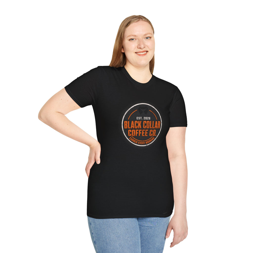 Black Collar Coffee T-Shirt | Caution Orange Logo