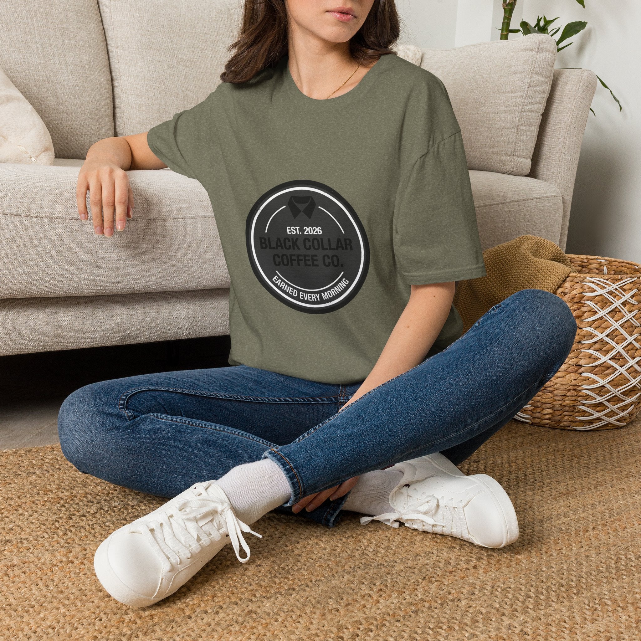 Black Collar Coffee T-Shirt | Distressed Dark Logo