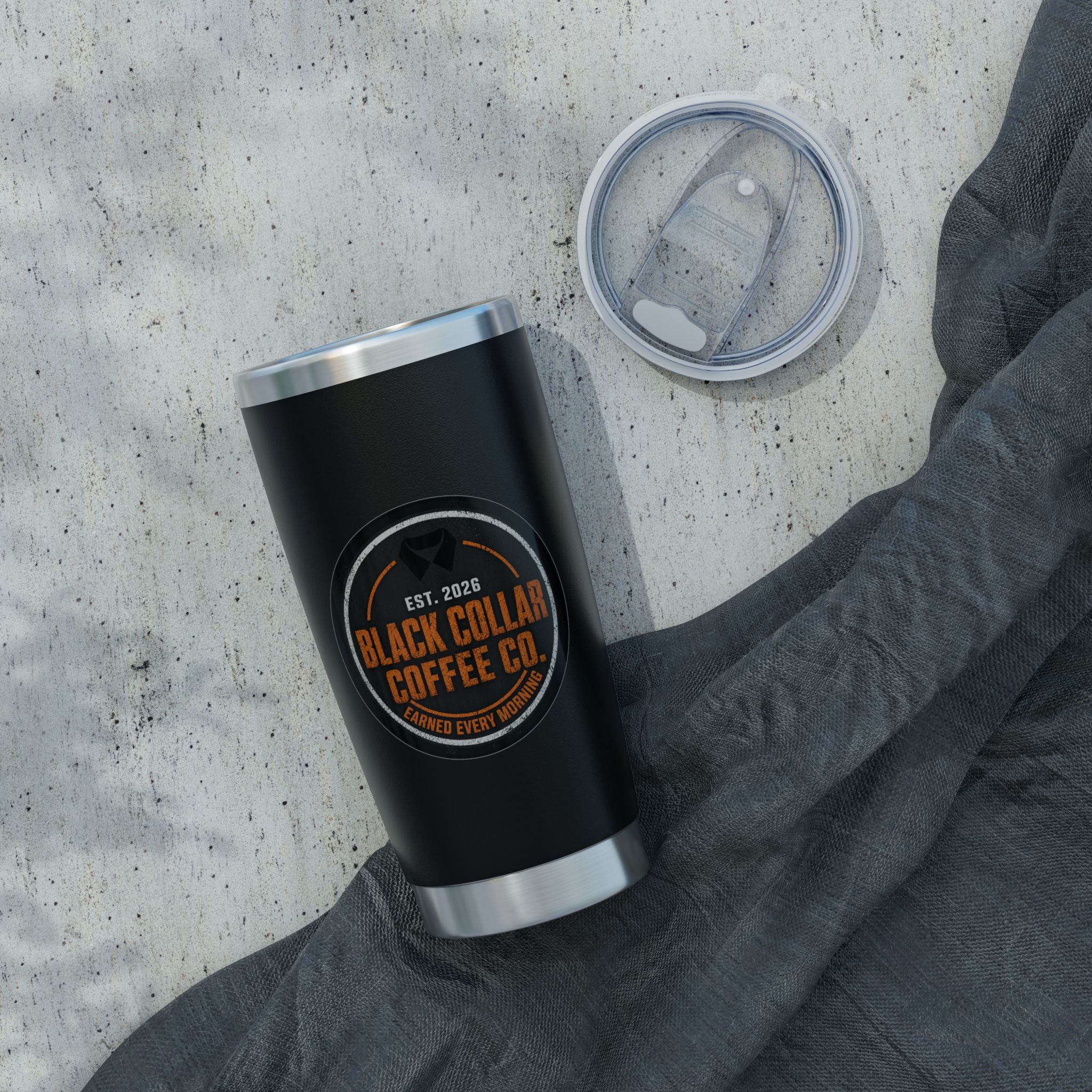 Black Collar Coffee Tumbler w/Orange Logo | Stainless Steel 20oz Travel Mug